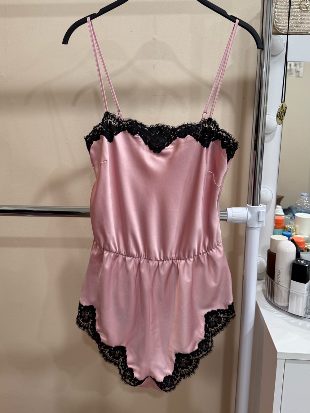 Victoria's Secret Pink Satin Lace-Trim Romper - Size S
